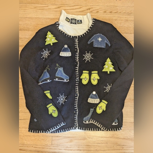 Navy Cardigan with Matching White Turtleneck - Picture 1 of 2